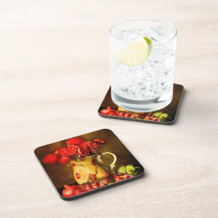 Oil Painting of Red Flowers and Fresh Fruits Coaster