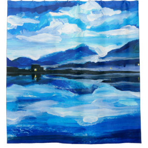 Oil Painting of the twilight on mountain lake. Al Shower Curtain