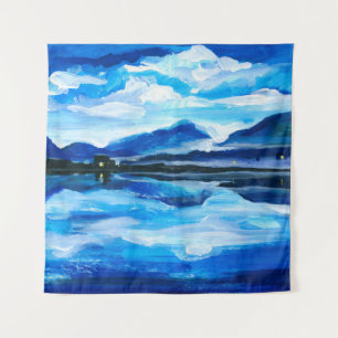 Oil Painting of the twilight on mountain lake. Al Tapestry