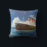 oil painting of Titanic and iceberg in ocean at n Cushion<br><div class="desc">oil painting of Titanic and iceberg in ocean at night on canvas. Full moon and stars. Modern Impressionism
titanic, painting, ship, art, canvas, iceberg, historic, history, ice, old, sinking, vintage, wreck, accident, adventure, atlantic, blue, boat, catastrophe, collision, vintage, retro, illustration, </div>