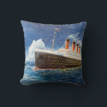 oil painting of Titanic and iceberg in ocean at n Cushion<br><div class="desc">oil painting of Titanic and iceberg in ocean at night on canvas. Full moon and stars. Modern Impressionism
titanic, painting, ship, art, canvas, iceberg, historic, history, ice, old, sinking, vintage, wreck, accident, adventure, atlantic, blue, boat, catastrophe, collision, vintage, retro, illustration, </div>