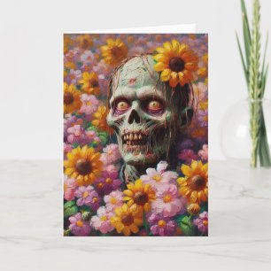 Oil Painting of Zombie in Flower Field Halloween Card