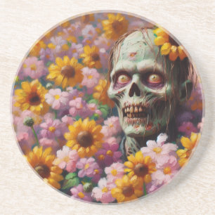 Oil Painting of Zombie in Flower Field Halloween Coaster