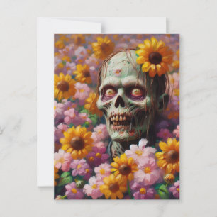 Oil Painting of Zombie in Flower Field Halloween Postcard