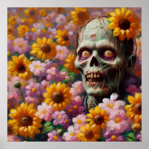 Oil Painting of Zombie in Flower Field Halloween Poster