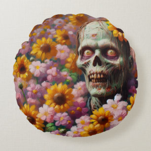 Oil Painting of Zombie in Flower Field Halloween Round Cushion