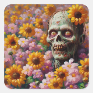 Oil Painting of Zombie in Flower Field Halloween Square Sticker