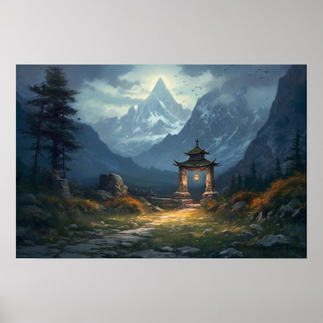 Oil painting old stone path through Asian gateway Poster (Front)