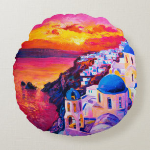  oil painting on canvas. Sunset over the island. M Round Cushion