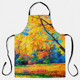 oil painting on canvas. Yellow trees. Modern art. Apron