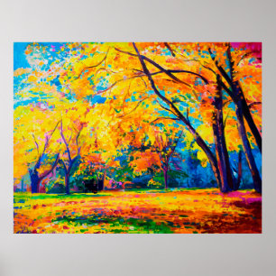 oil painting on canvas. Yellow trees. Modern art. Poster