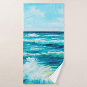 oil painting showing waves in ocean or sea on can bath towel