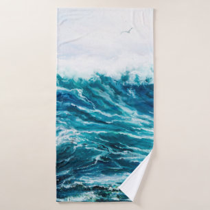 oil painting showing waves in ocean or sea on can bath towel