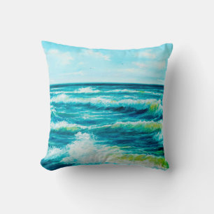  oil painting showing waves in ocean or sea on can cushion