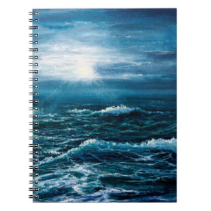  oil painting showing waves in ocean or sea on can notebook
