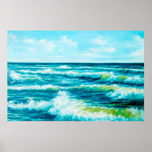  oil painting showing waves in ocean or sea on can poster