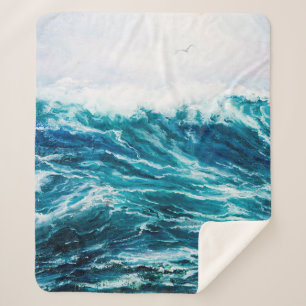 oil painting showing waves in ocean or sea on can sherpa blanket