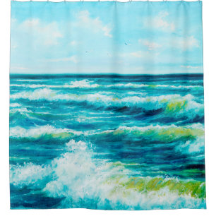 oil painting showing waves in ocean or sea on can shower curtain