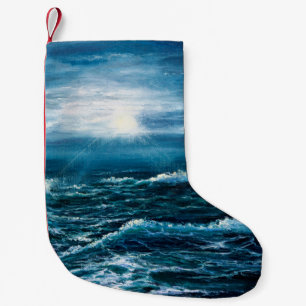 oil painting showing waves in ocean or sea on can small christmas stocking