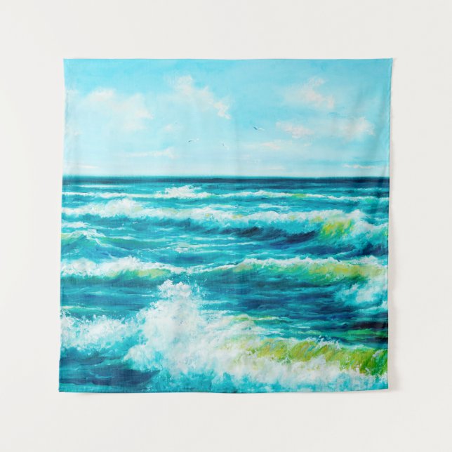  oil painting showing waves in ocean or sea on can tapestry (Front)