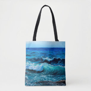 Oil painting showing waves in ocean or sea on canv tote bag