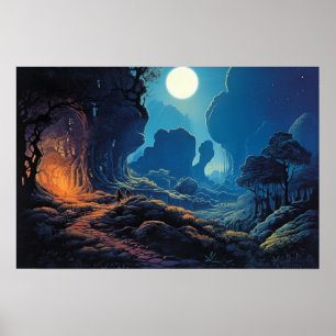 Oil painting surreal winding path in moonlight poster
