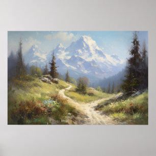Oil painting winding path foothills of mountain poster