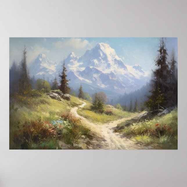 Oil painting winding path foothills of mountain poster (Front)