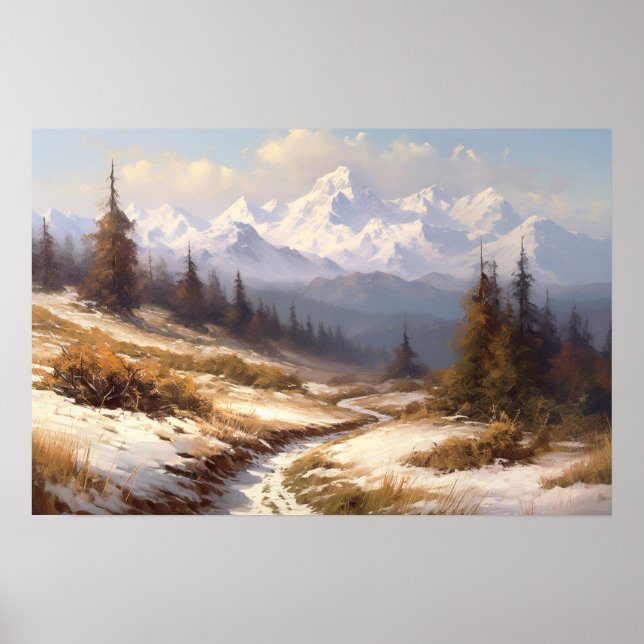 Oil painting winding path snowy mountain foothills poster (Front)