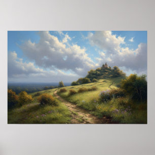 Oil painting winding path to hilltop cottage poster