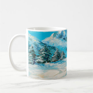  oil painting, winter mountain landscape with spru coffee mug
