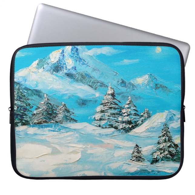  oil painting, winter mountain landscape with spru laptop sleeve (Front)