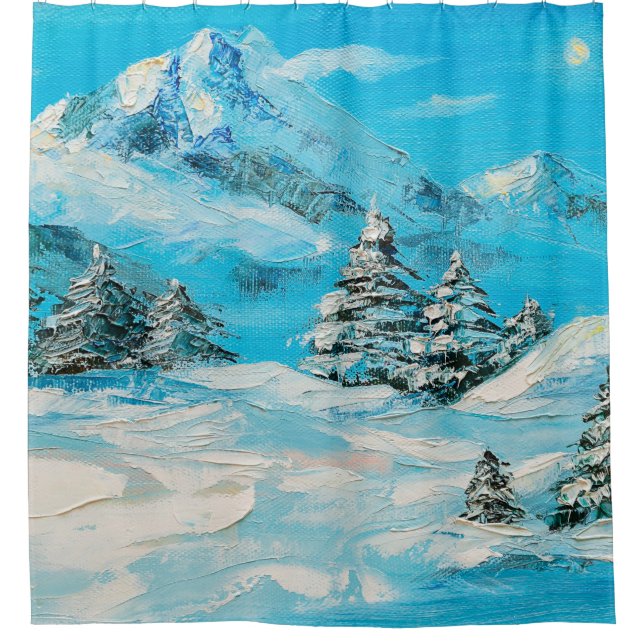  oil painting, winter mountain landscape with spru shower curtain (Front)