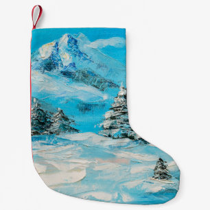  oil painting, winter mountain landscape with spru small christmas stocking