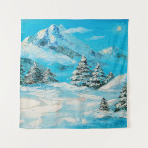 oil painting, winter mountain landscape with spru tapestry