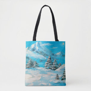 oil painting, winter mountain landscape with spru tote bag