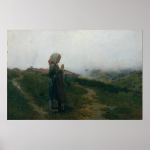 Oil Painting Young Girl Knitting Scenic Landscape Poster