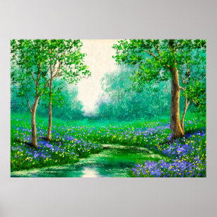 Oil paintings landscape, spring, tree in the fores poster