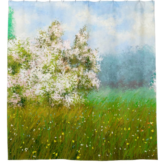 Oil paintings rural landscape, flowers in the fiel shower curtain (Front)