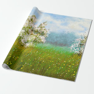 Oil paintings rural landscape, flowers in the fiel wrapping paper