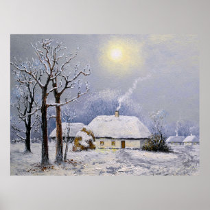 Oil paintings rural landscape. Winter. Old village Poster