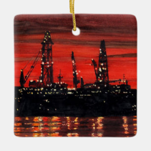 Oil Rigs at Night Ceramic Ornament