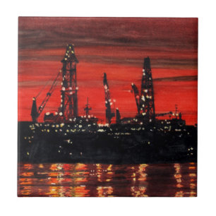 Oil Rigs at Night Ceramic Tile