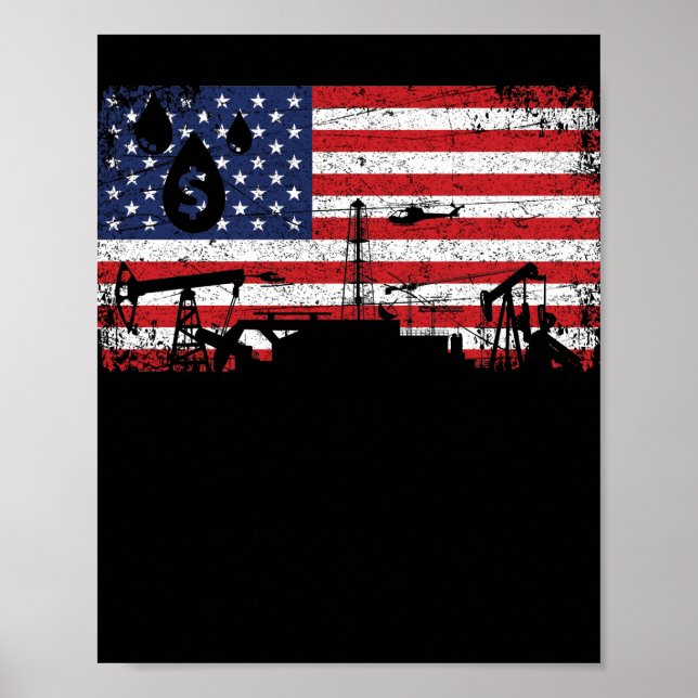 Oilfield Patriotic Flag With Oil Pumping Rig Poster (Front)