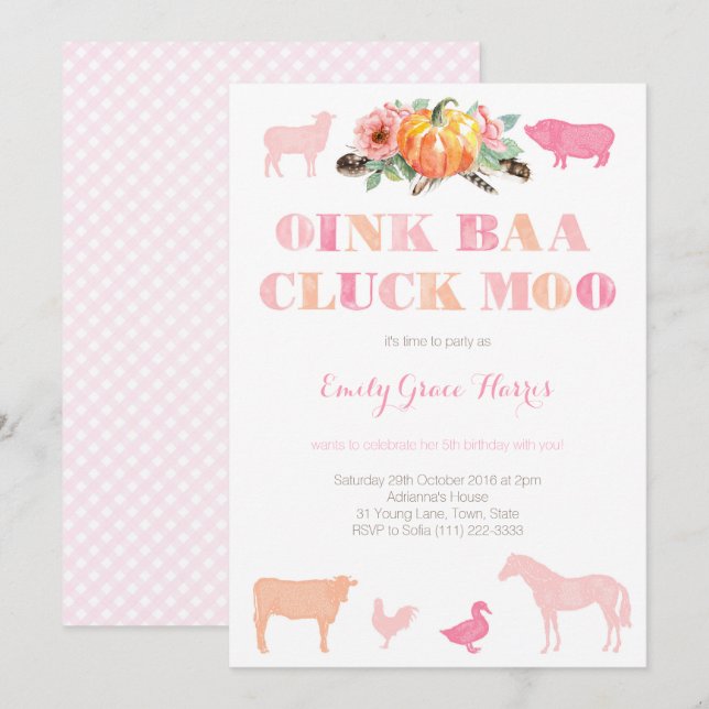 Oink Baa Cluck Moo, Farm Birthday Party for Girl Invitation (Front/Back)