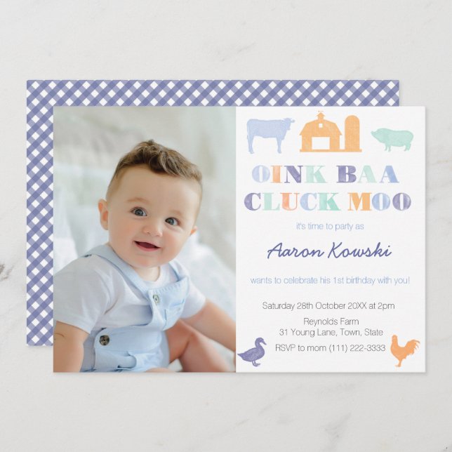 Oink Baa Cluck Moo Farmyard Animals Birthday Party Invitation (Front/Back)