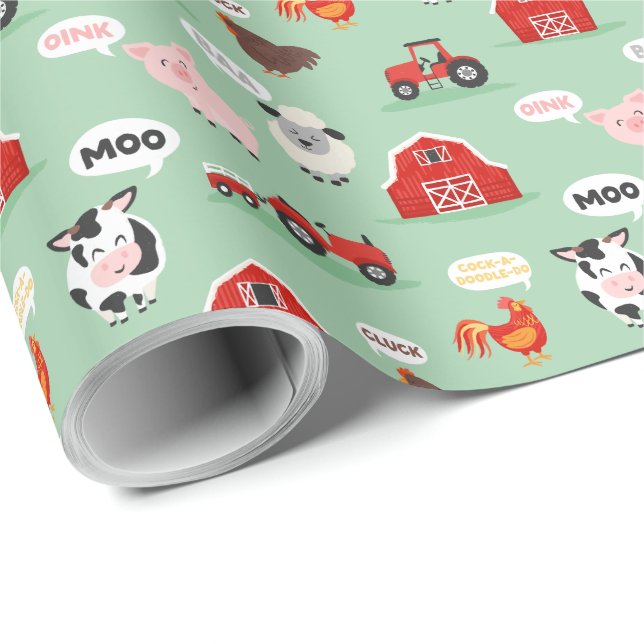 Oink Baa Moo Cock-a-doodle-do Farm Birthday Party Wrapping Paper (Roll Corner)