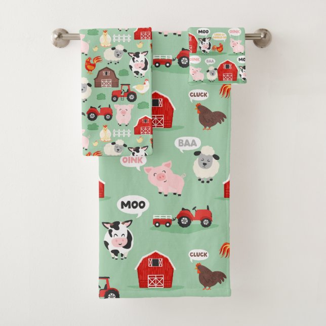Oink Baa Moo Cock-a-doodle-do Farm Kids Bath Towel Set (Insitu)