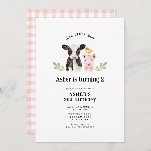 Oink Cluck Moo Pink Gingham Farm Animals Birthday  Invitation (Front/Back)