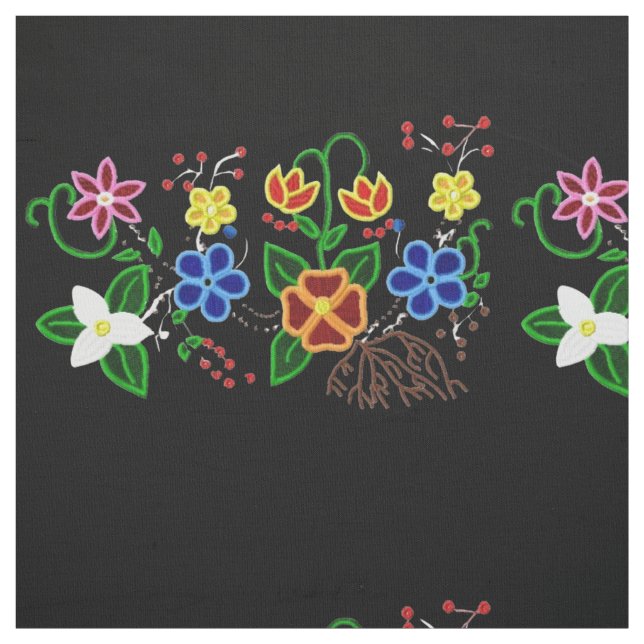 Ojibwe Floral Design with Black Background Fabric (Swatch)